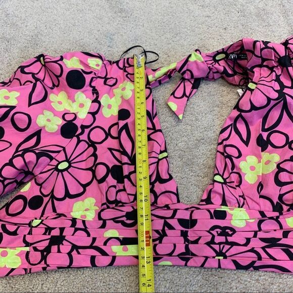 ZARA Fuchsia floral V neck balloon sleeve crop top pink yellow black Sz M NWT - Picture 6 of 8